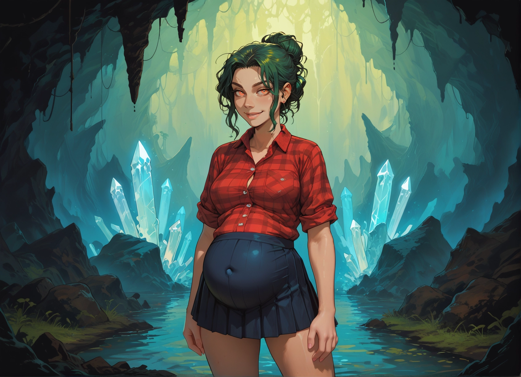 1girl, skirt, solo, pregnant, shirt, smile · Yamete.gg