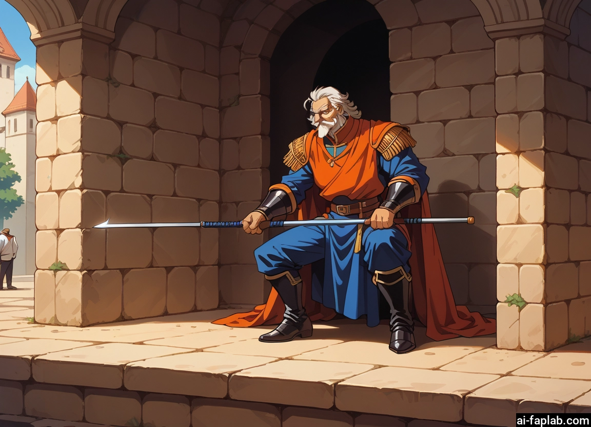 weapon, facial hair, beard, boots, polearm, white hair · Yamete.gg