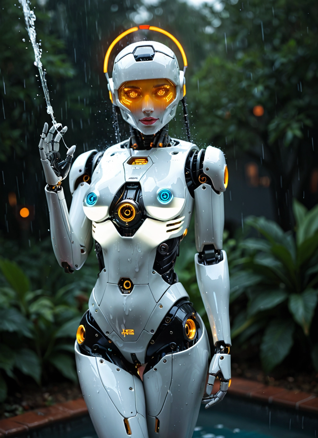 1girl, solo, rain, humanoid robot, breasts, water · Yamete.gg