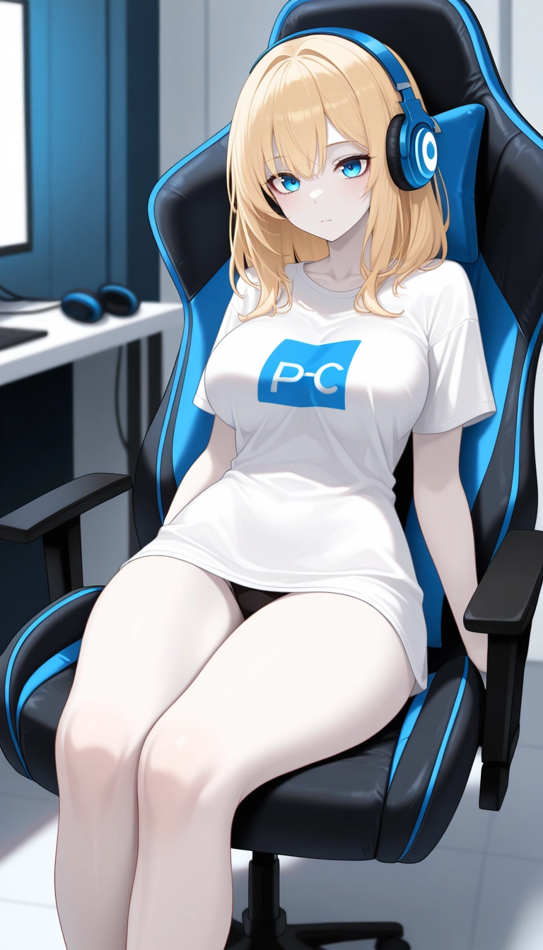1girl, solo, blonde hair, headphones, shirt, blue eyes · Yamete.gg