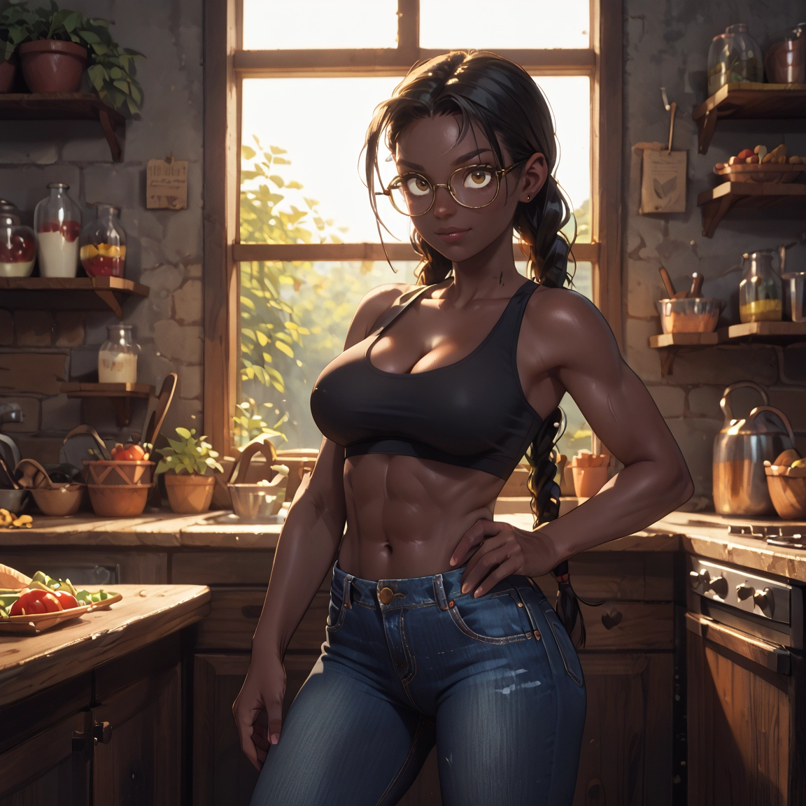 1girl, breasts, glasses, braid, pants, denim · Yamete.gg