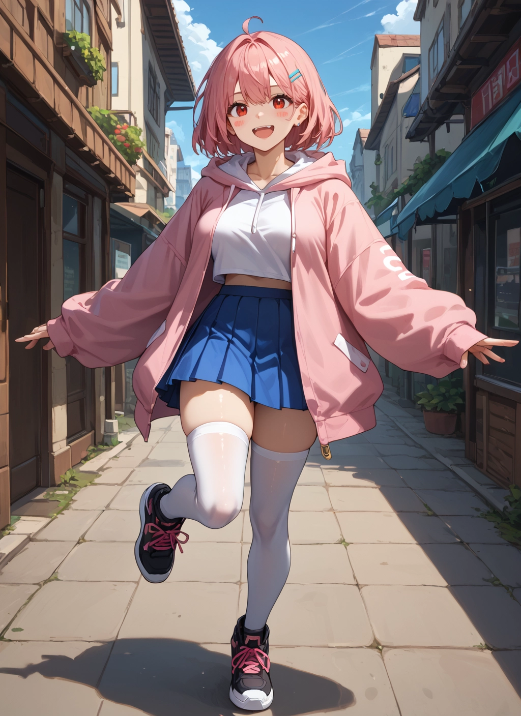 1girl, thighhighs, skirt, pink hair, solo, white legwear · Yamete.gg