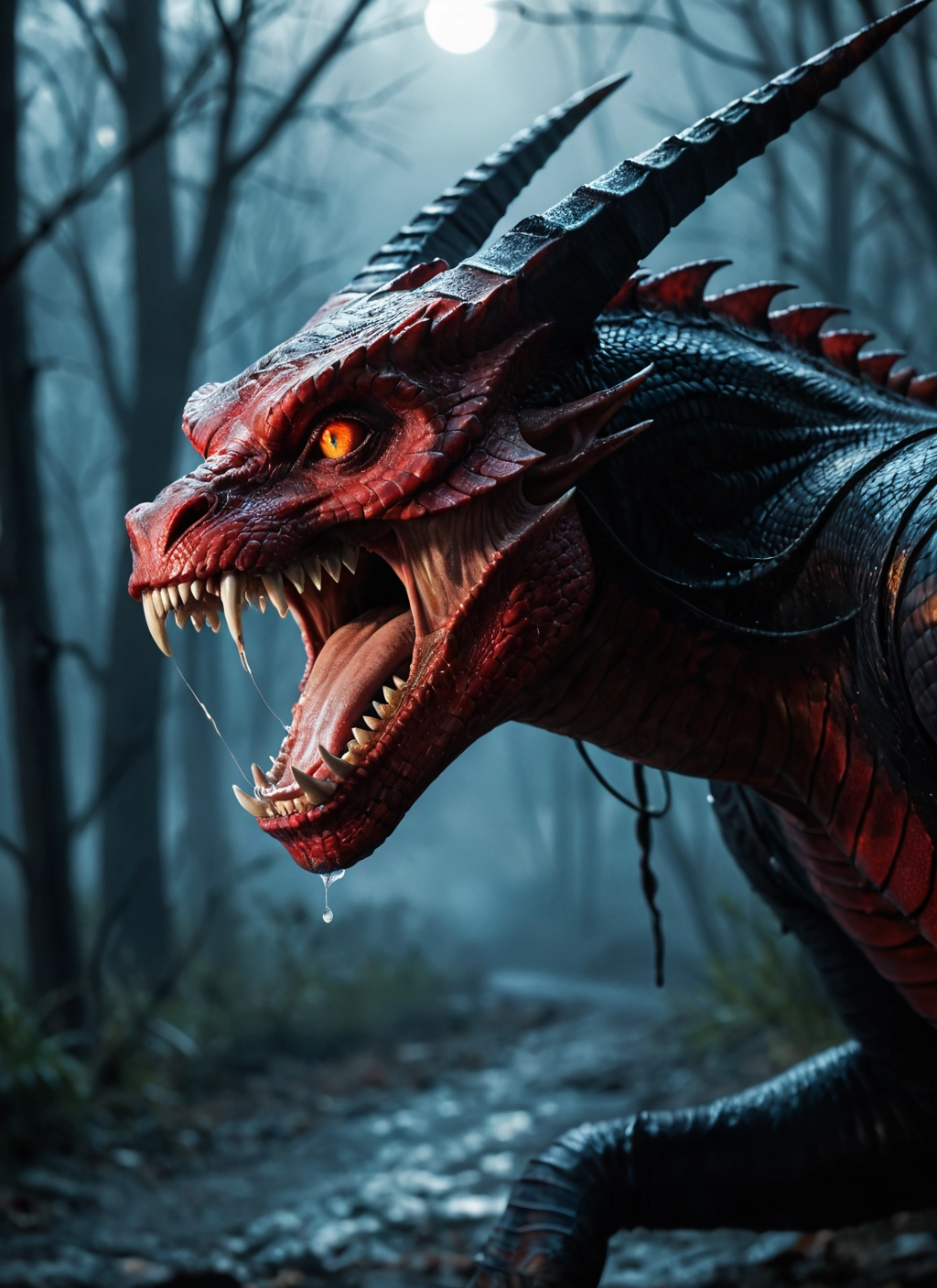 no humans, moon, saliva, open mouth, dragon, full moon · Yamete.gg