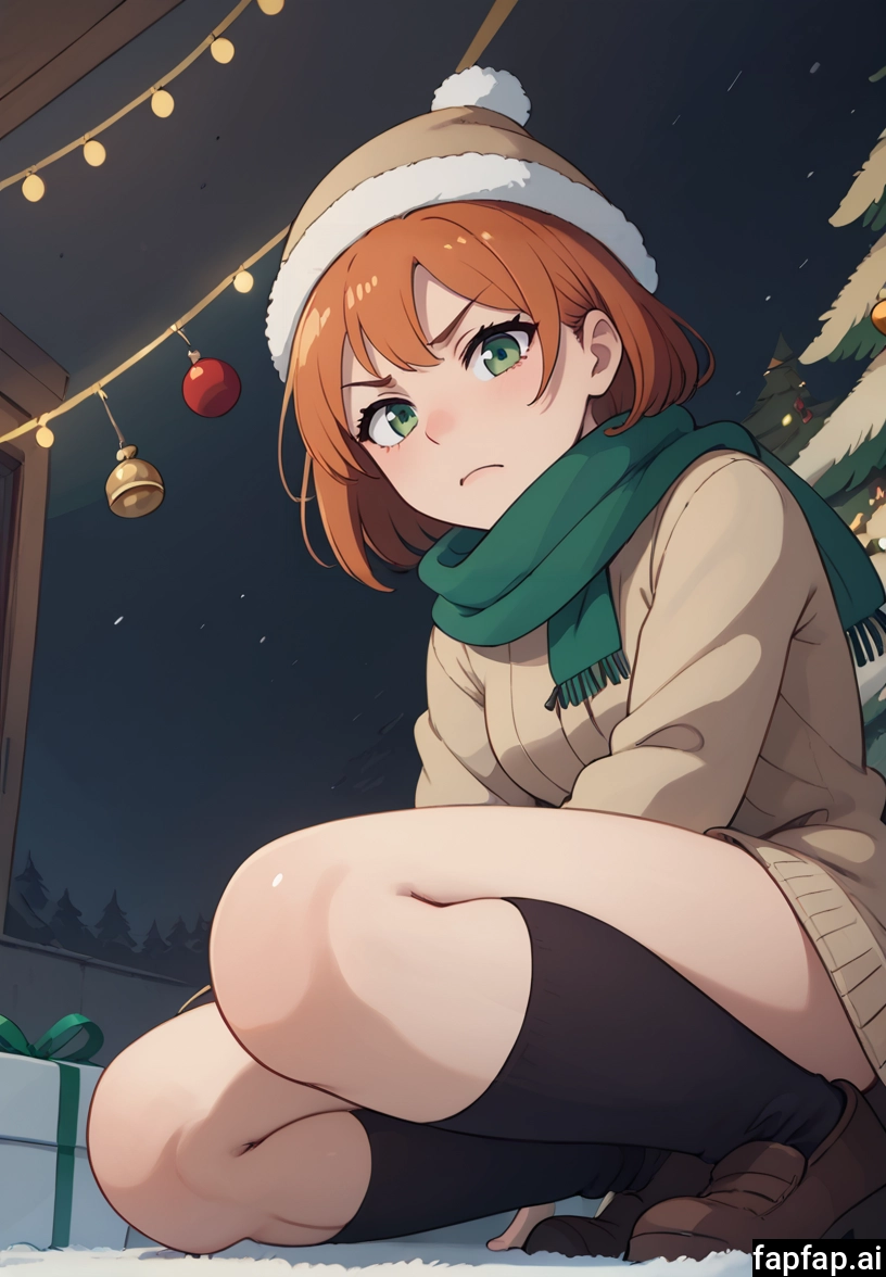 1girl, solo, hat, christmas tree, green eyes, scarf · Yamete.gg