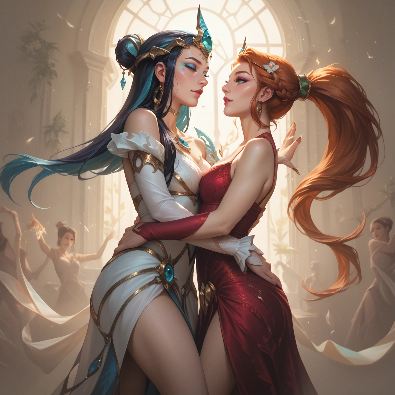 multiple girls, dress, jewelry, long hair, breasts, red dress · Yamete.gg