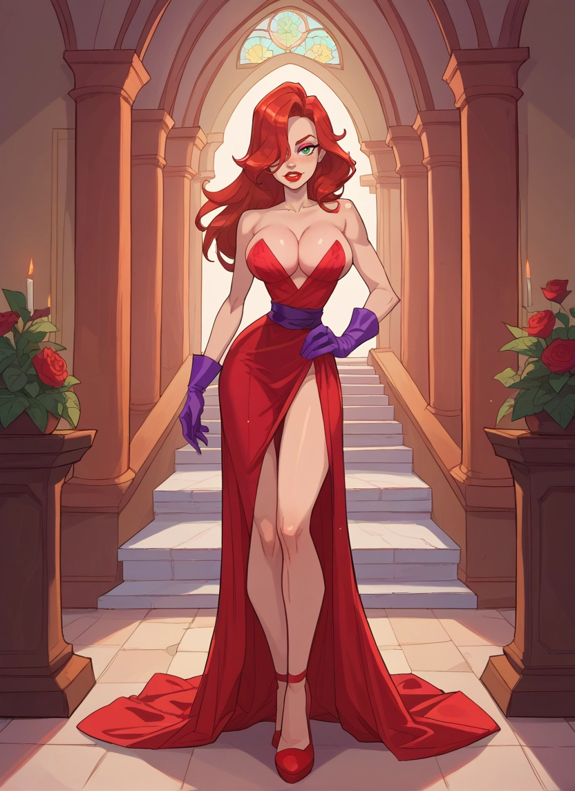 1girl, breasts, dress, gloves, hair over one eye, green eyes · Yamete.gg