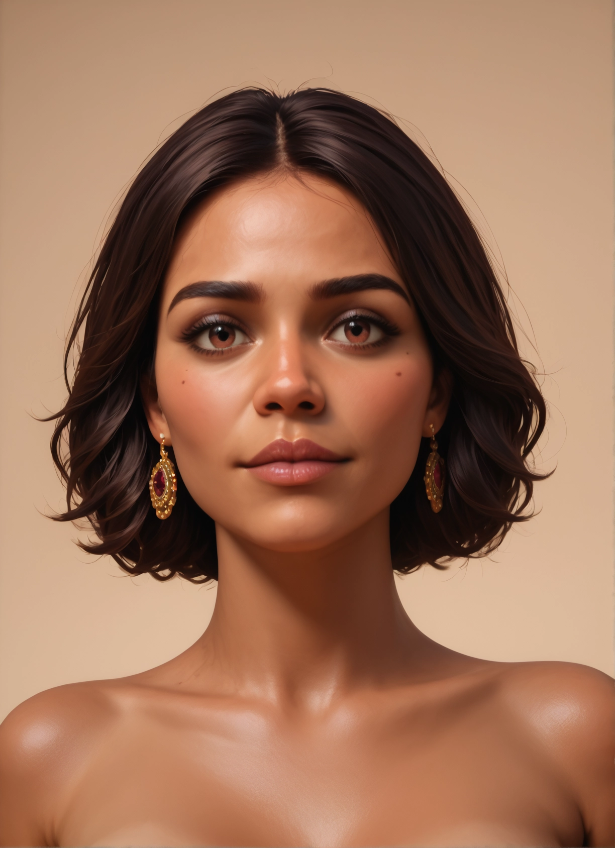1girl, solo, jewelry, earrings, looking at viewer, brown hair