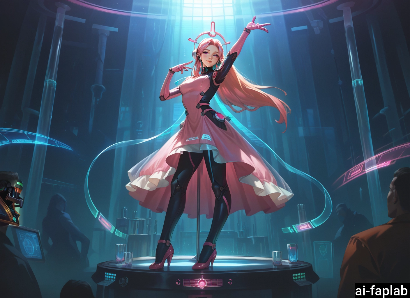 high heels, 1girl, long hair, dress, science fiction, pink hair