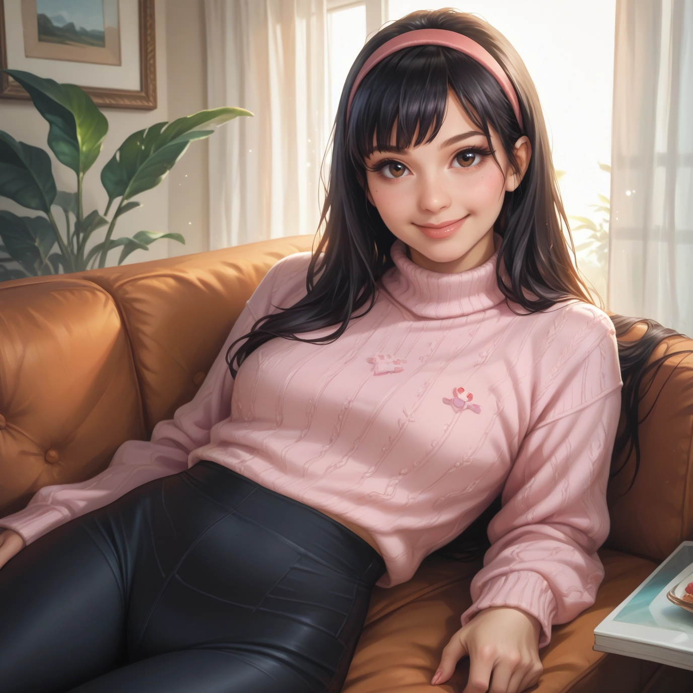 1girl, solo, sweater, brown eyes, hairband, long hair