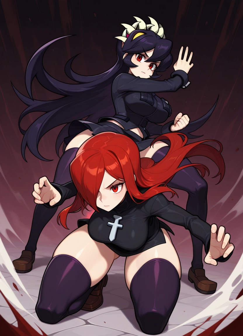 multiple girls, 2girls, red eyes, red hair, breasts, thighhighs · Yamete.gg