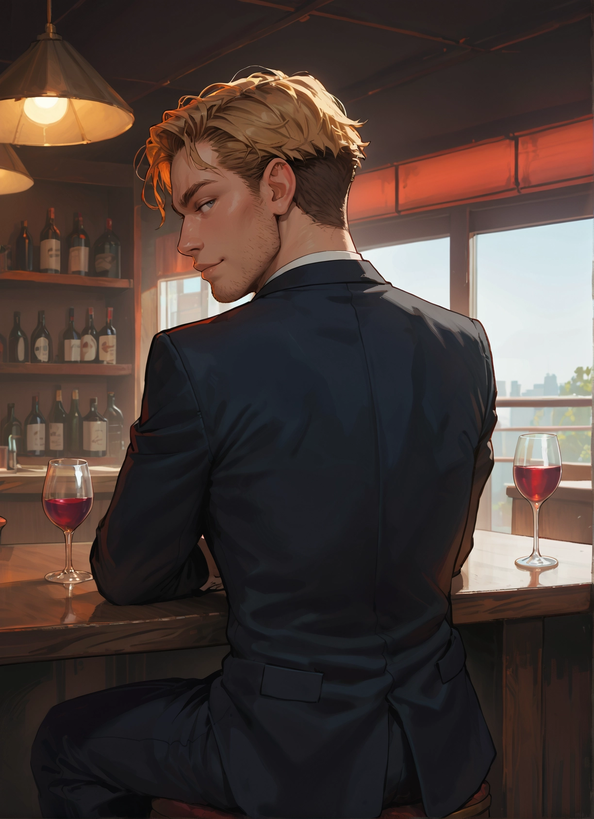 bara, 1boy, male focus, cup, facial hair, blonde hair · Yamete.gg