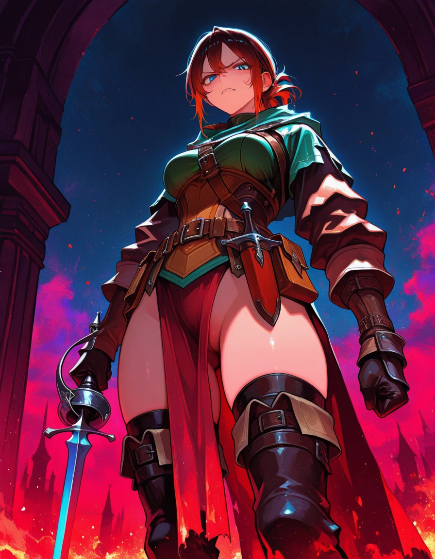 1girl, weapon, sword, thighhighs, solo, breasts