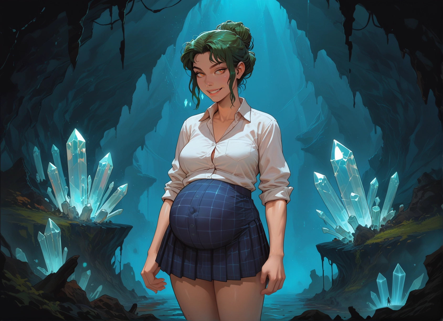 1girl, skirt, pregnant, solo, smile, shirt · Yamete.gg