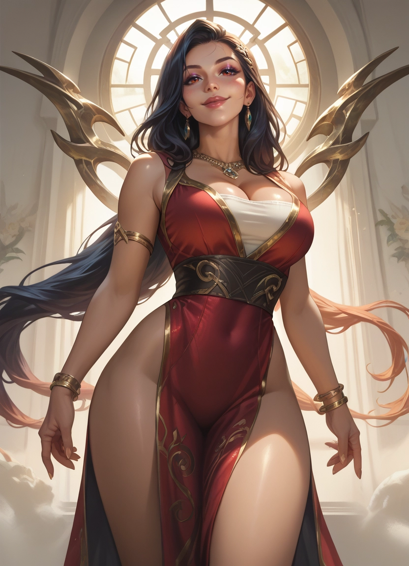1girl, breasts, jewelry, solo, long hair, red dress