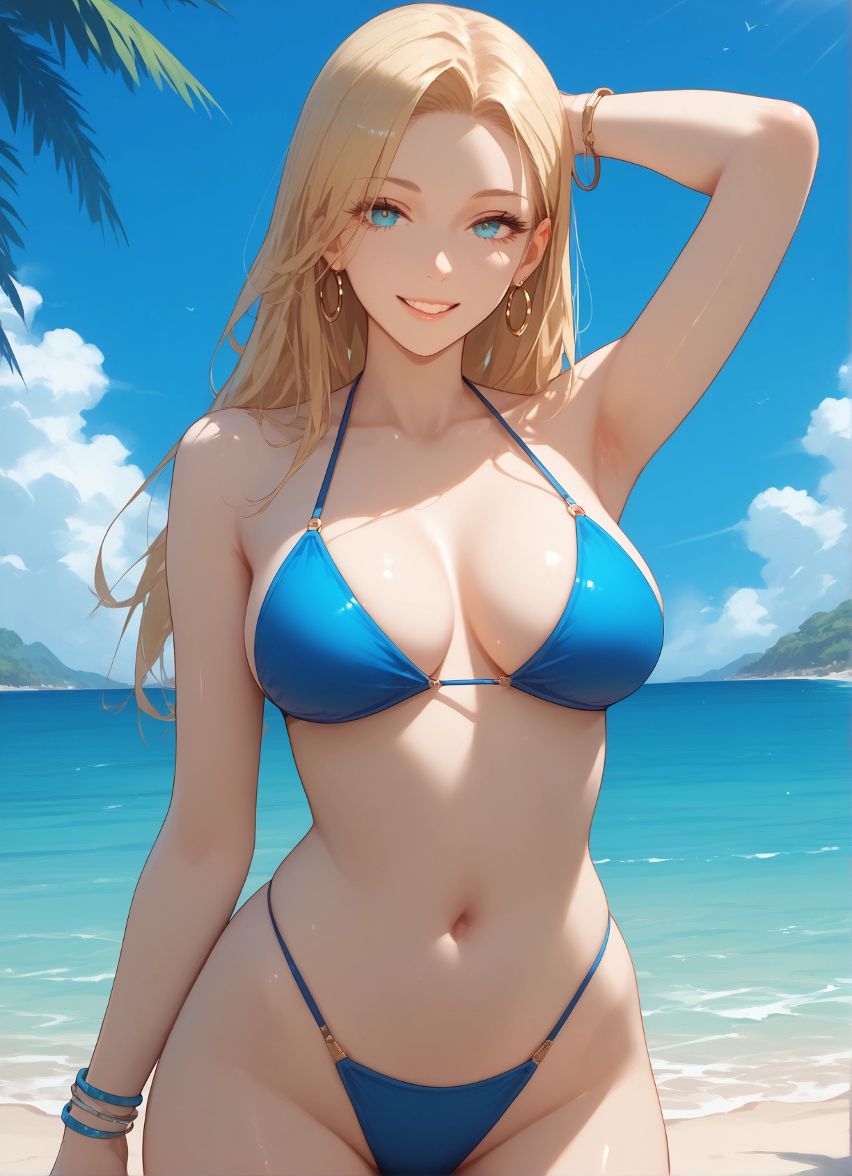 1girl, swimsuit, breasts, jewelry, blonde hair, solo