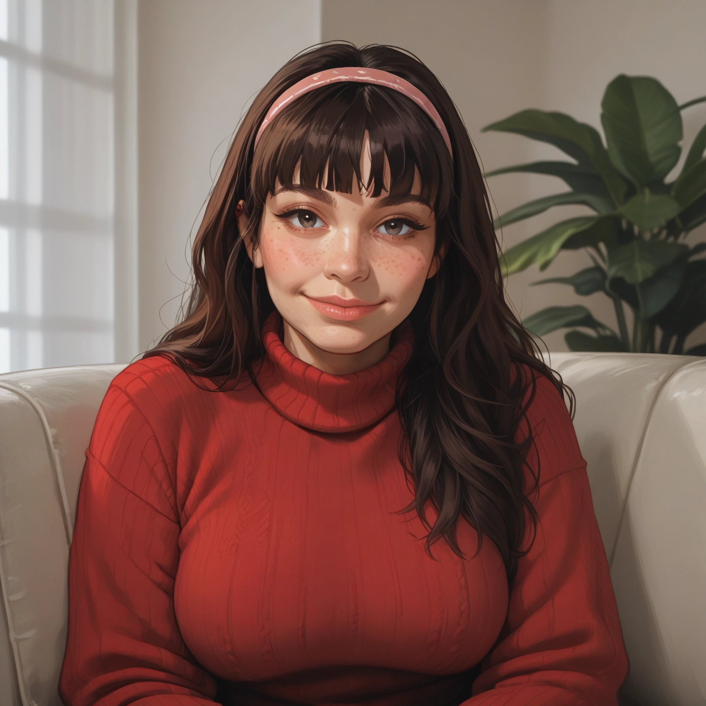 1girl, brown hair, solo, sweater, freckles, brown eyes · Yamete.gg