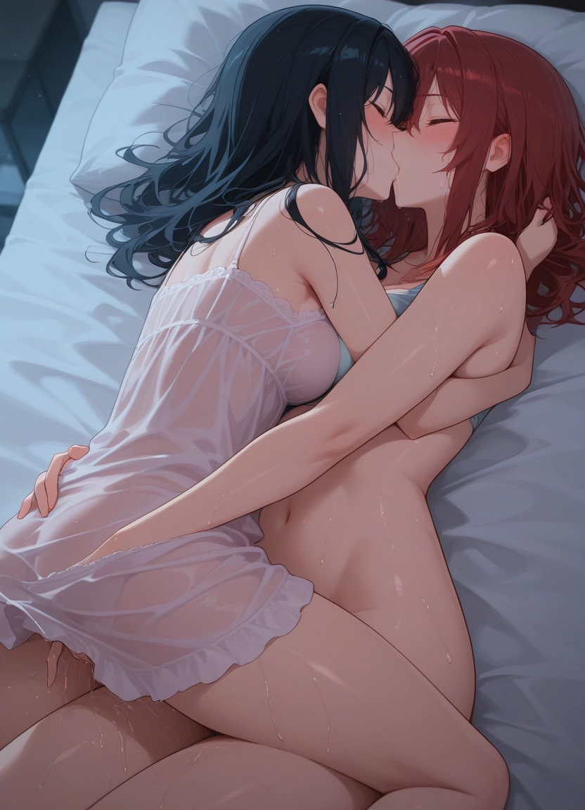 multiple girls, 2girls, yuri, kiss, closed eyes, breasts · Yamete.gg
