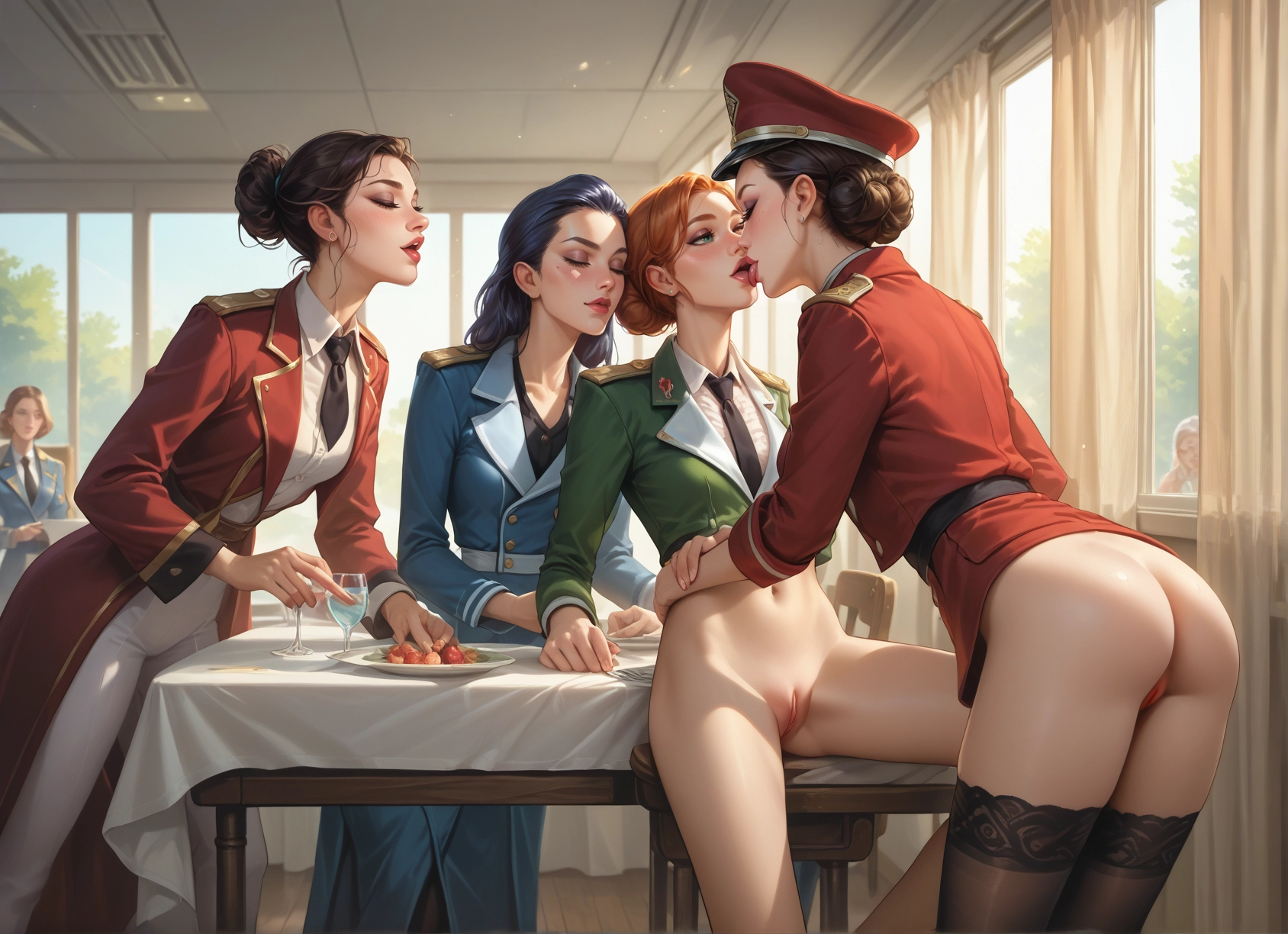 multiple girls, pussy, yuri, kiss, thighhighs, food · Yamete.gg