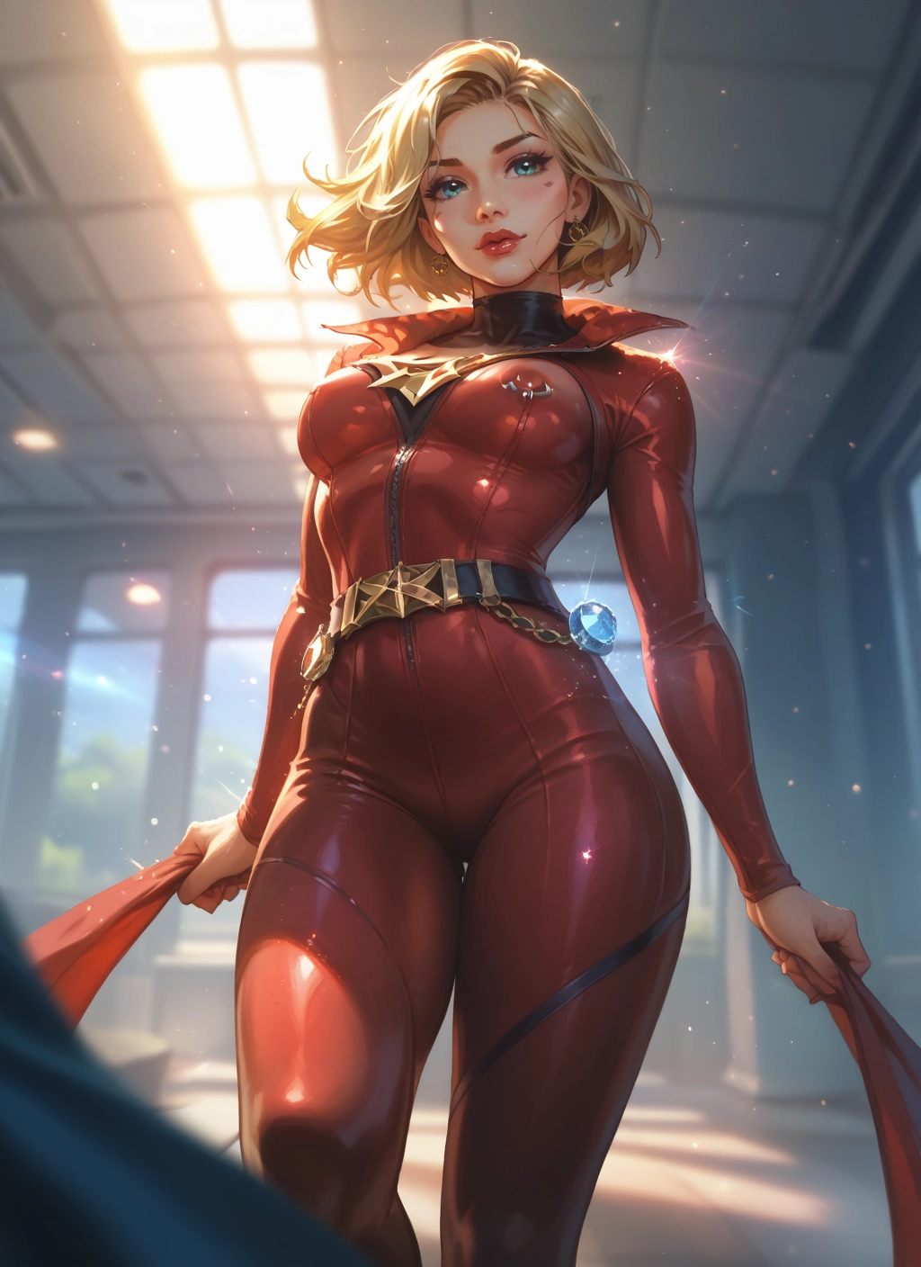 1girl, blonde hair, solo, bodysuit, blue eyes, jewelry · Yamete.gg