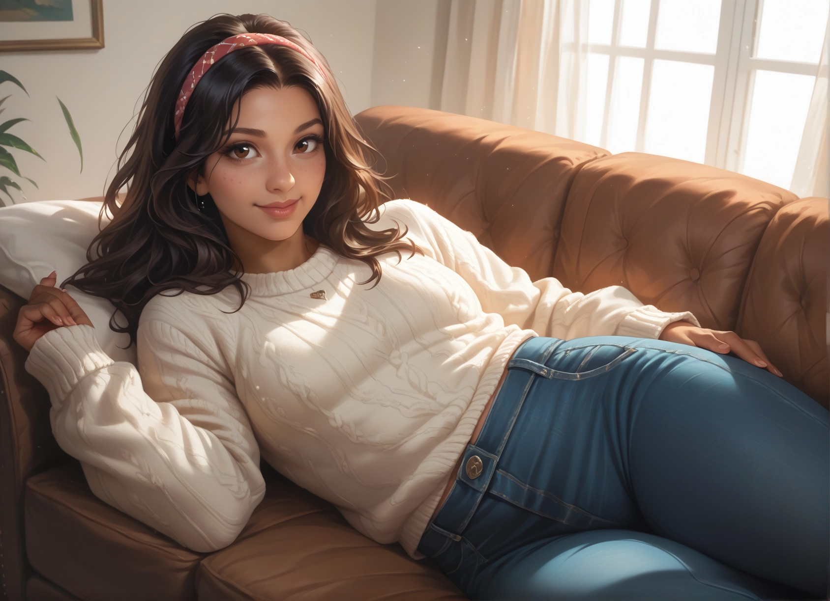 1girl, solo, pants, sweater, brown eyes, looking at viewer · Yamete.gg