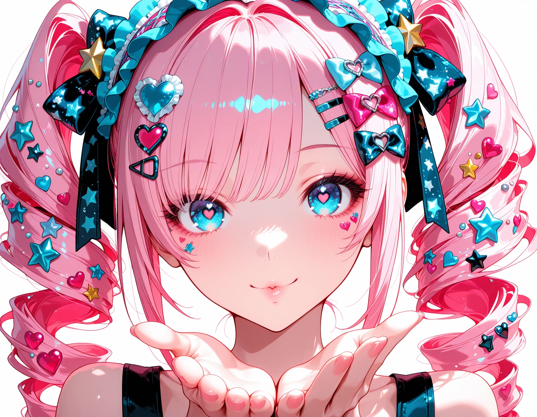 1girl, heart, solo, pink hair, hair ornament, blue eyes · Yamete.gg