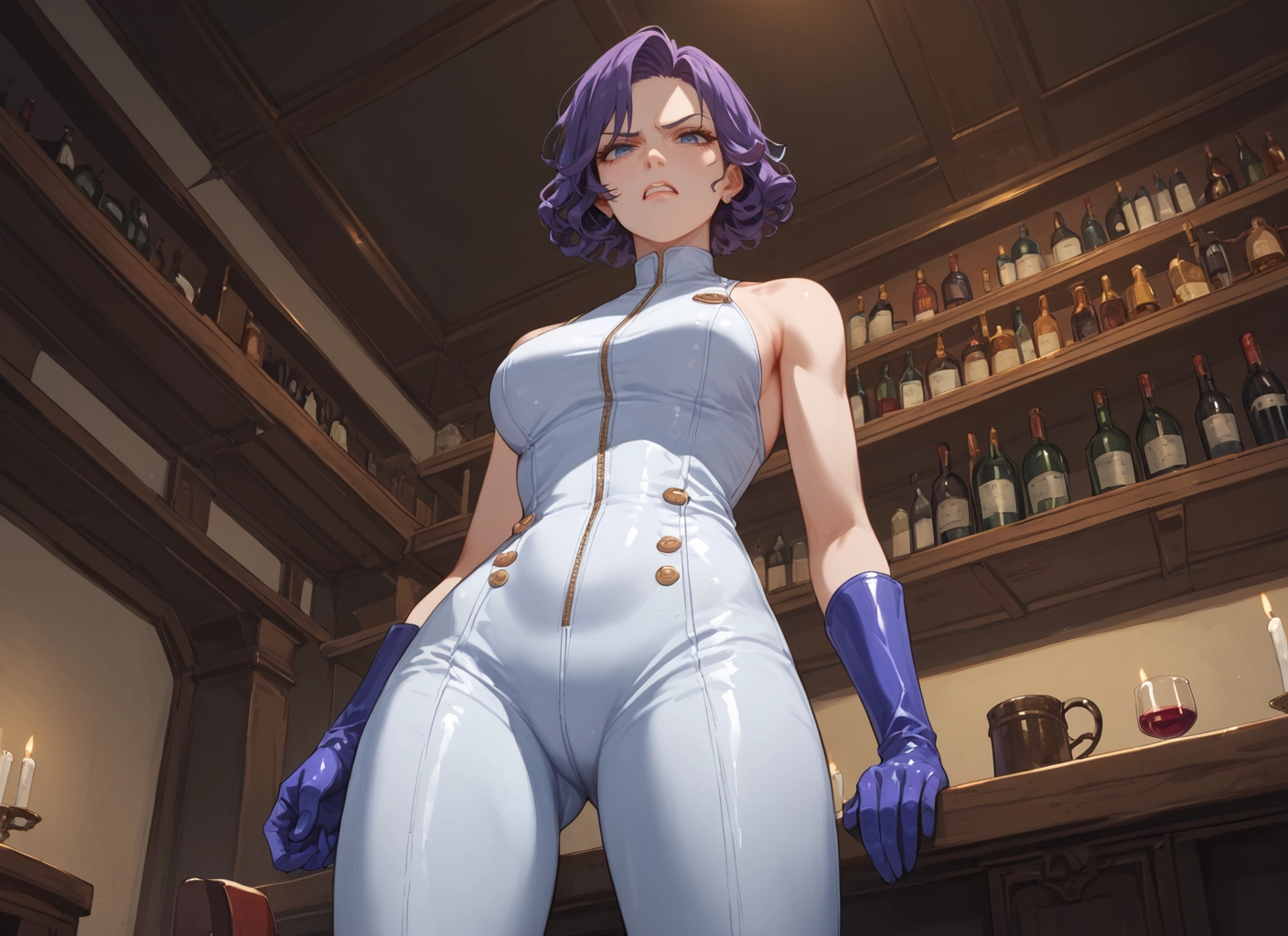 1girl, gloves, solo, purple hair, breasts, cup · Yamete.gg