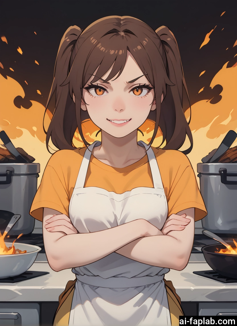 1girl, solo, brown hair, twintails, apron, crossed arms