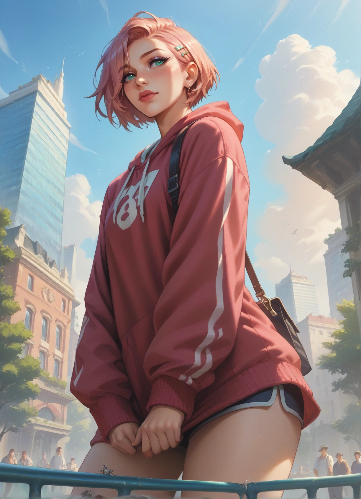 shorts, hood, short hair, pink hair, bag, hair ornament · Yamete.gg