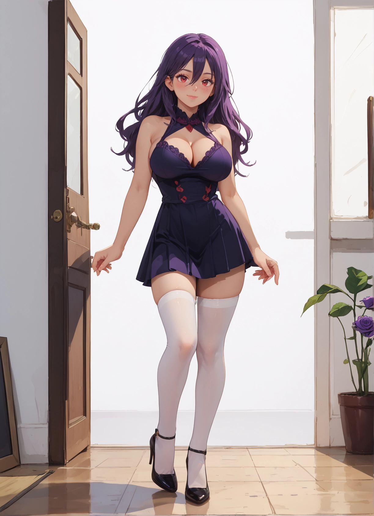 breasts, 1girl, thighhighs, dress, white legwear, purple hair · Yamete.gg