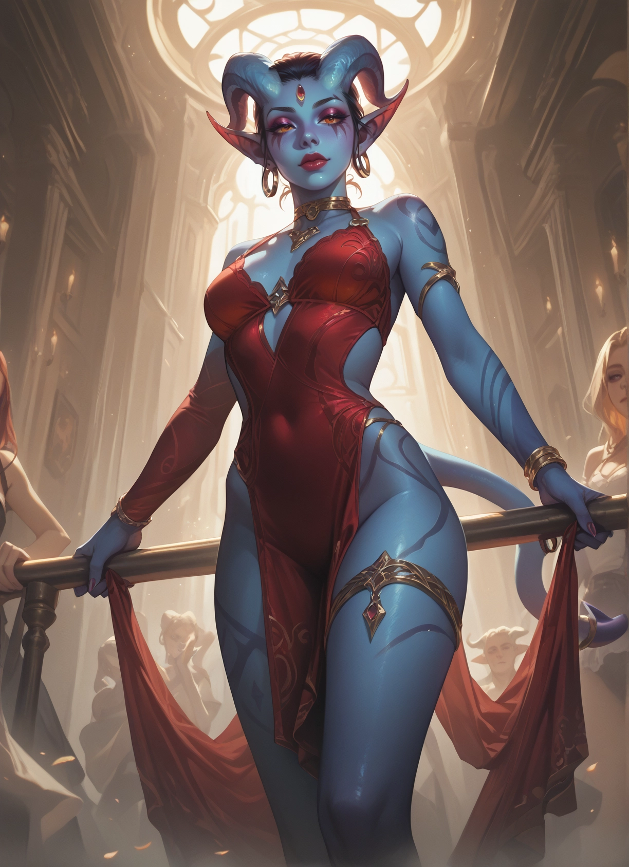 jewelry, horns, colored skin, tail, dress, earrings · Yamete.gg