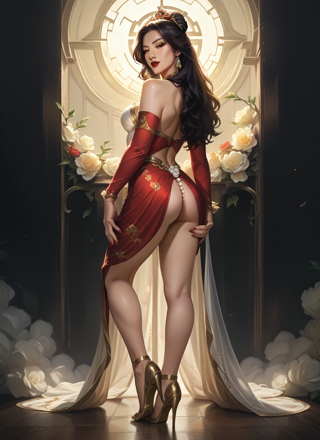ass, 1girl, high heels, solo, jewelry, dress · Yamete.gg