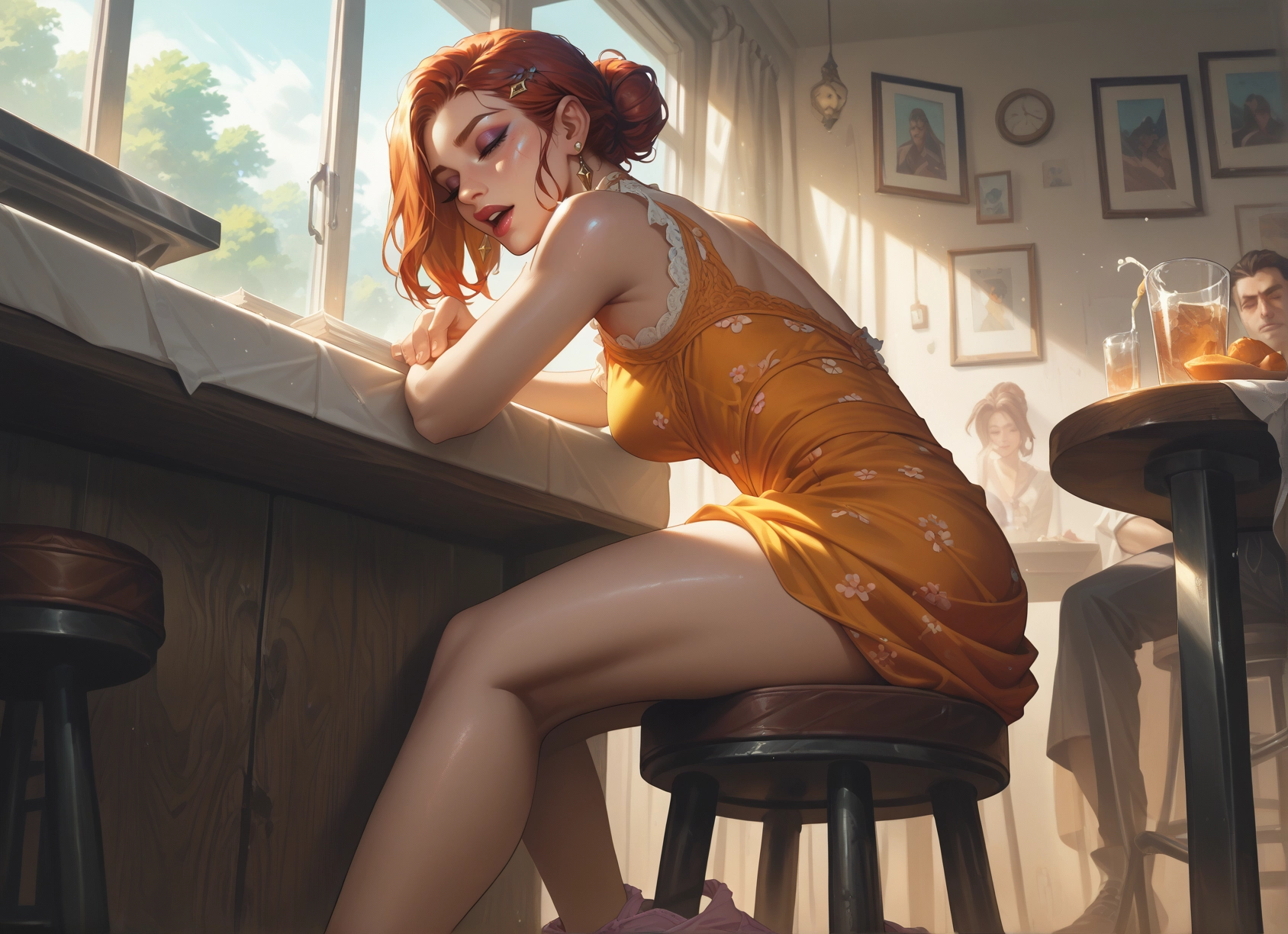 jewelry, dress, earrings, sitting, underwear, food · Yamete.gg