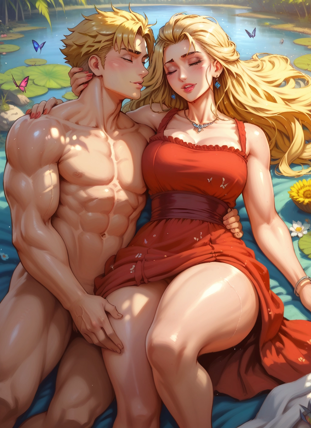 1girl, 1boy, blonde hair, dress, jewelry, muscular · Yamete.gg