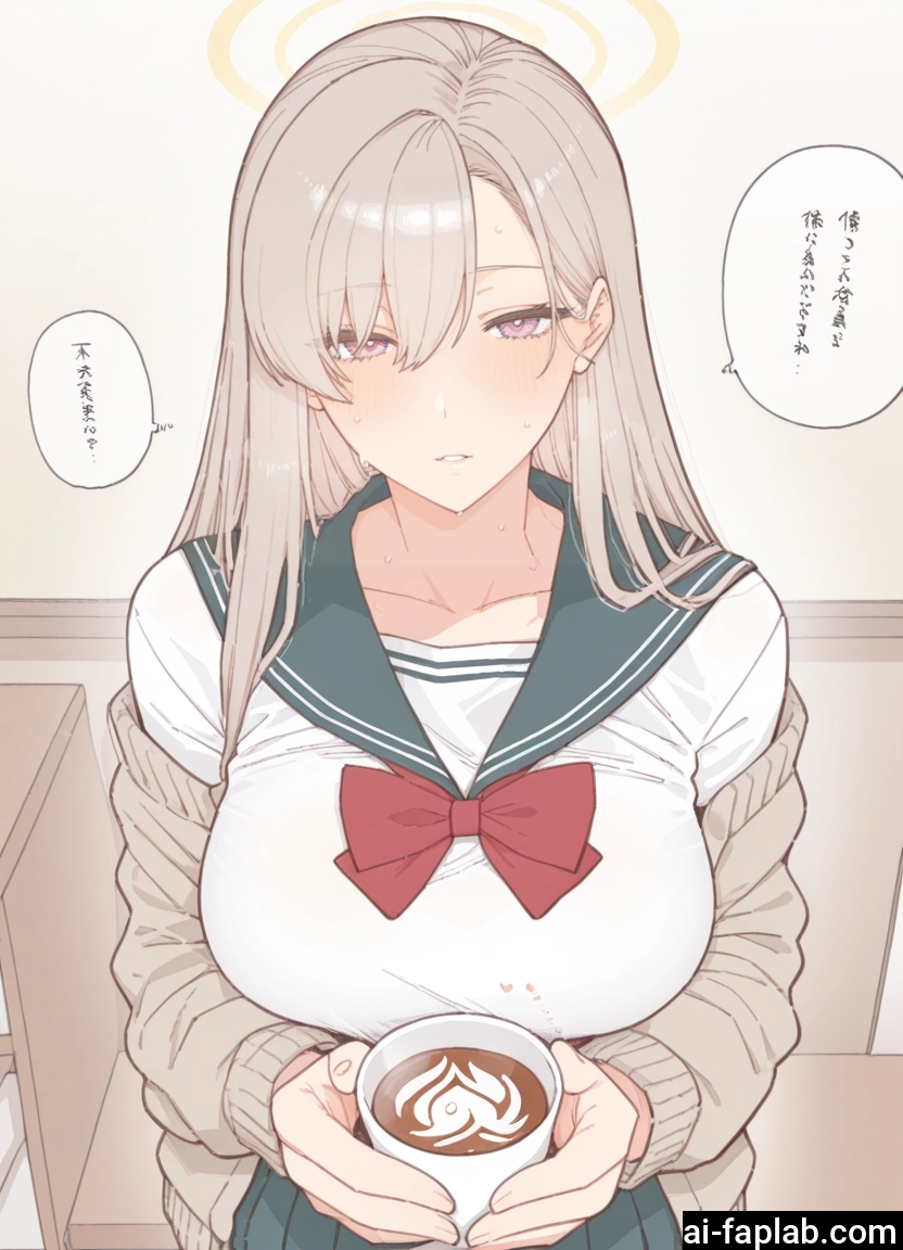 1girl, breasts, school uniform, cup, halo, long hair · Yamete.gg