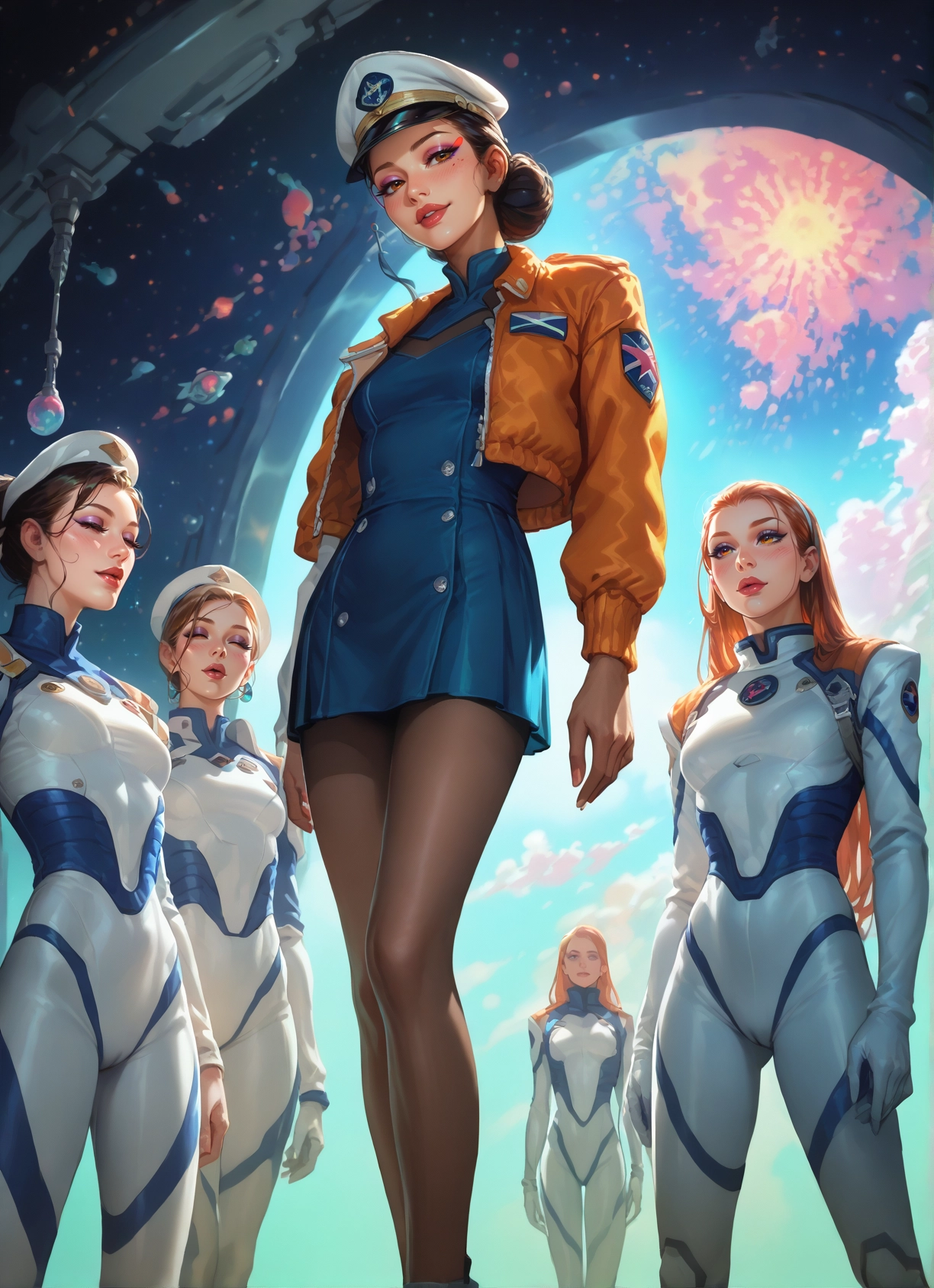 multiple girls, bodysuit, 4girls, jacket, hat, breasts · Yamete.gg