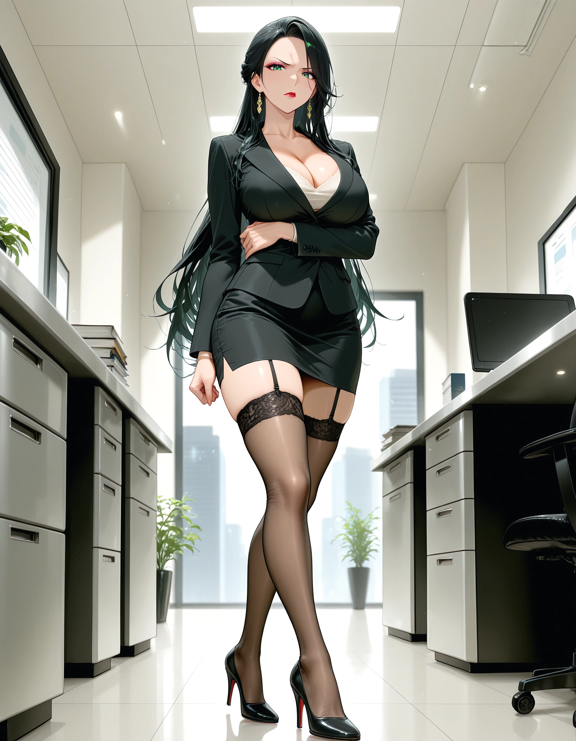 breasts, 1girl, thighhighs, high heels, skirt, black hair · Yamete.gg
