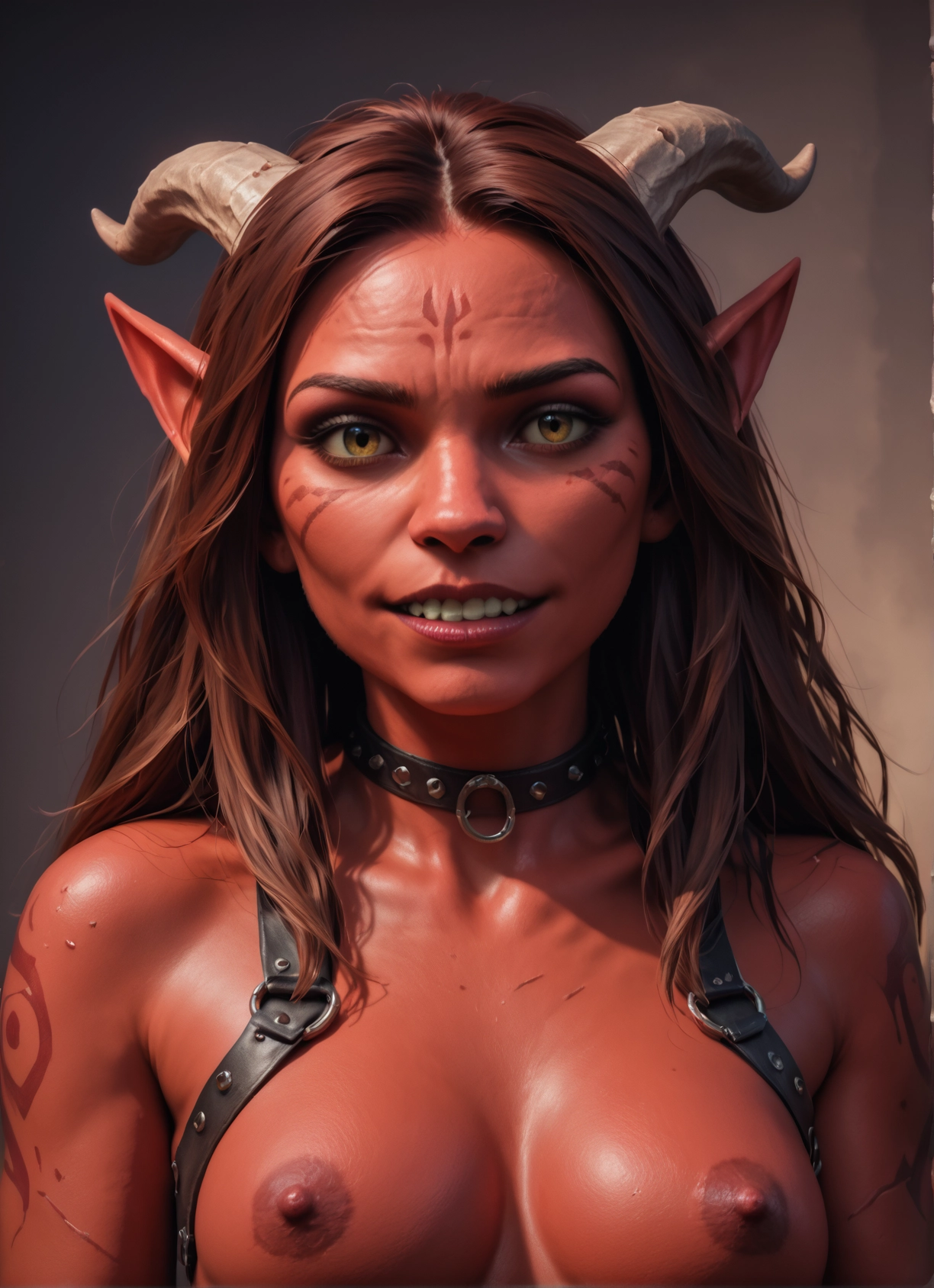 1girl, solo, nipples, horns, breasts, pointy ears · Yamete.gg
