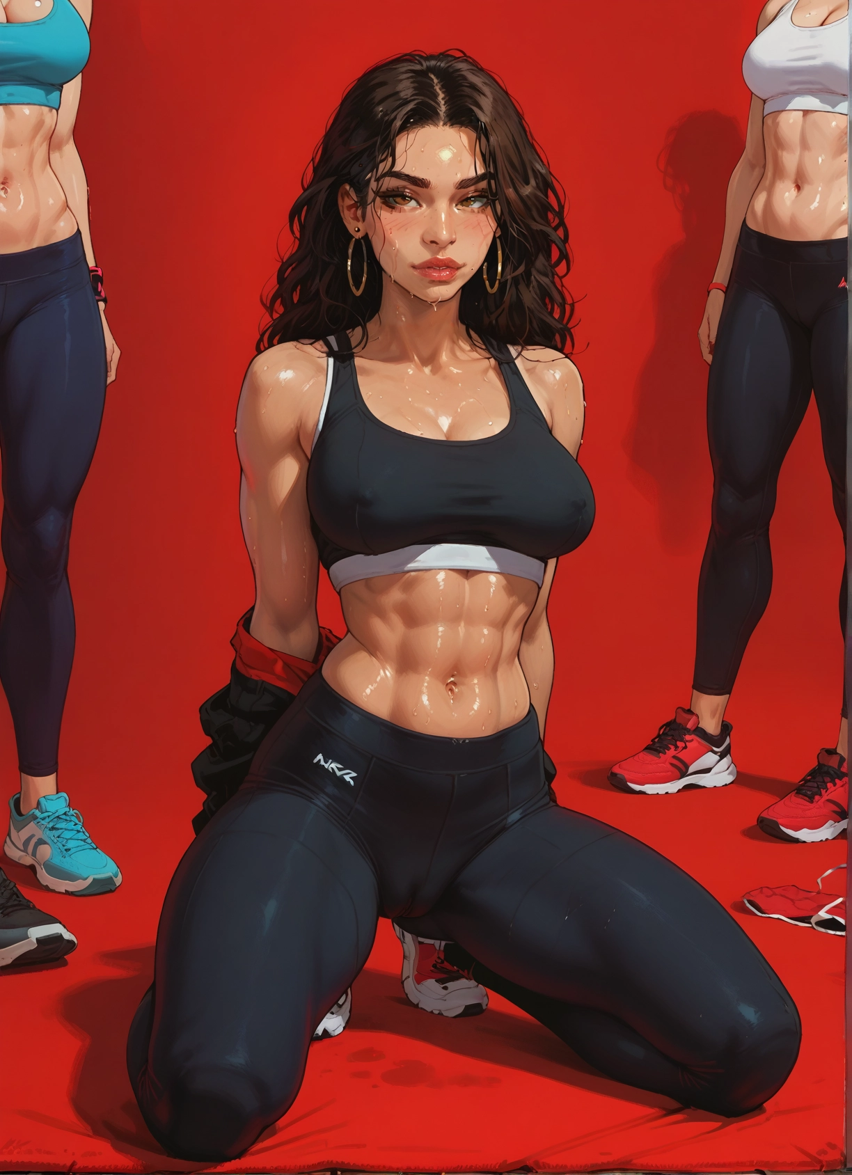 breasts, jewelry, earrings, shoes, sweat, abs · Yamete.gg