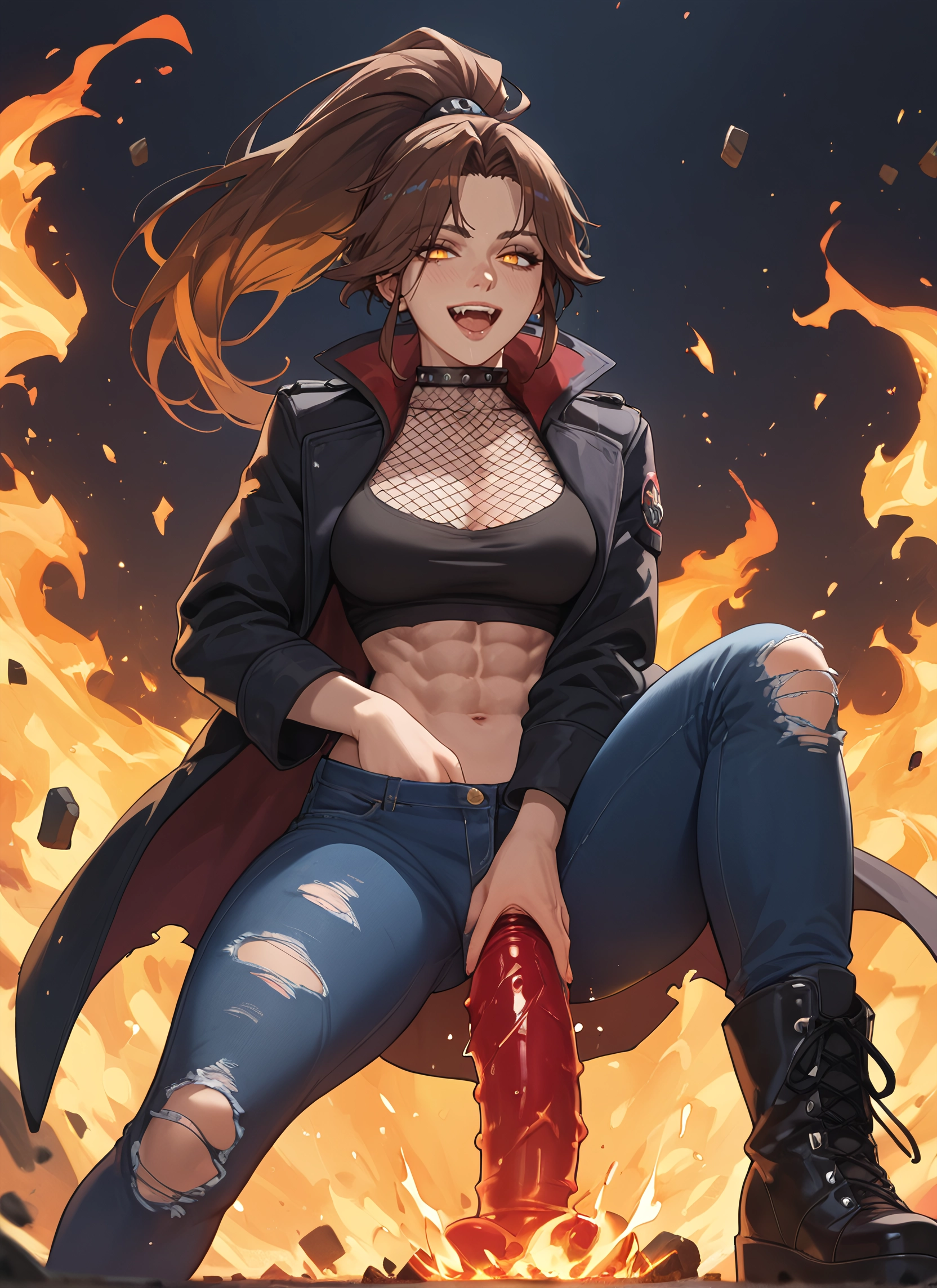 1girl, breasts, abs, solo, pants, brown hair · Yamete.gg