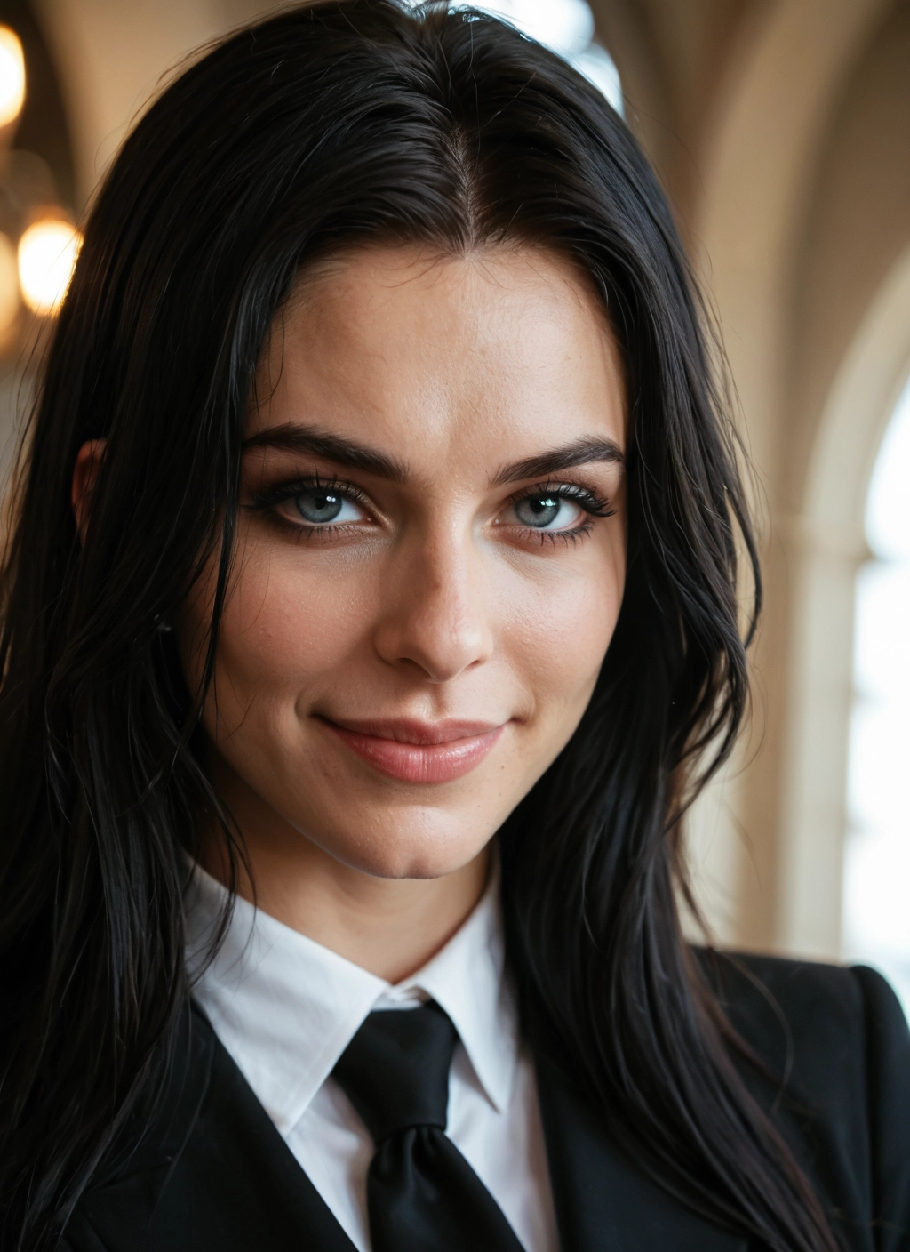 1girl, solo, black hair, necktie, long hair, looking at viewer · Yamete.gg