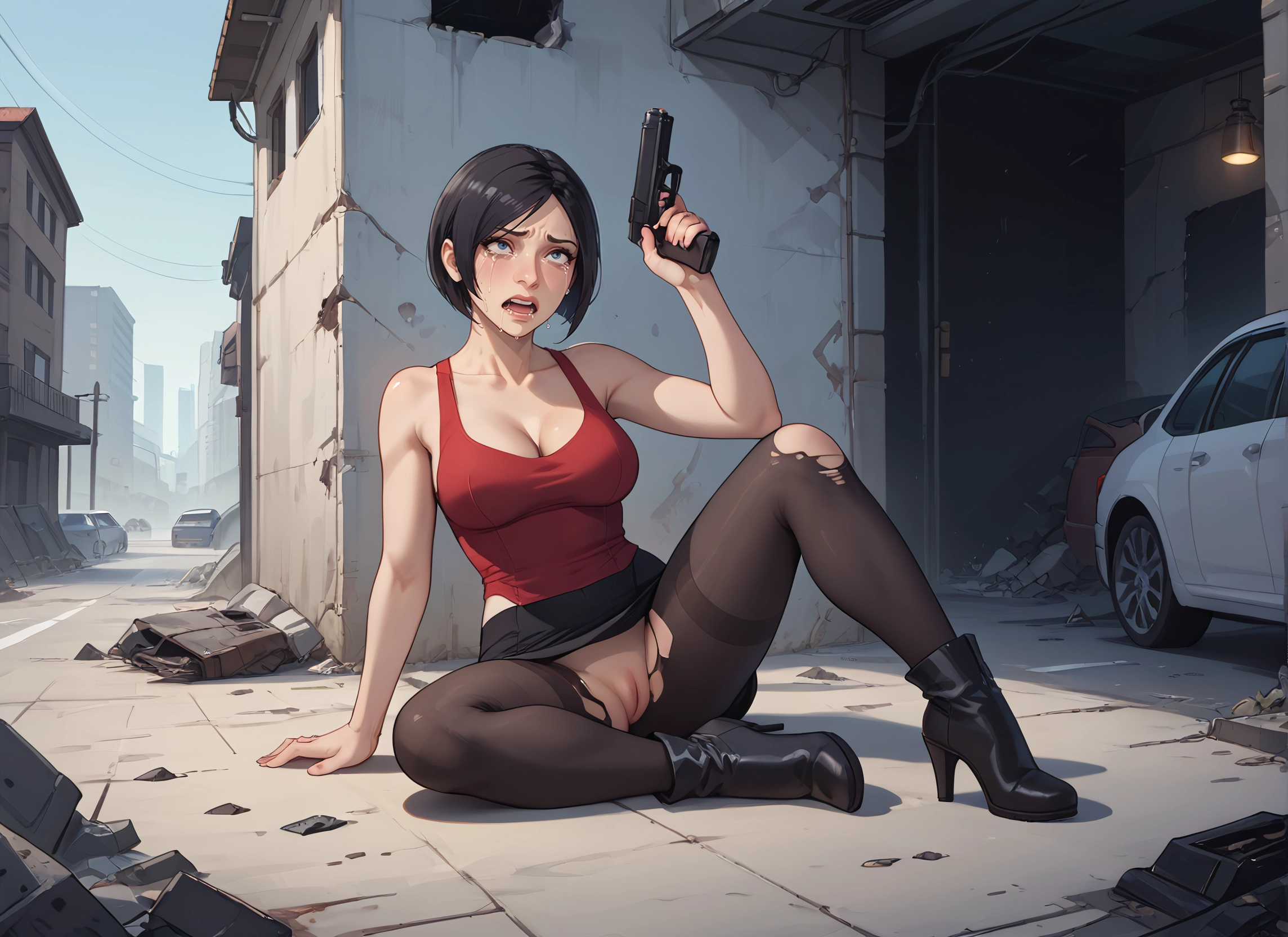 1girl, weapon, gun, breasts, pussy, torn clothes · Yamete.gg