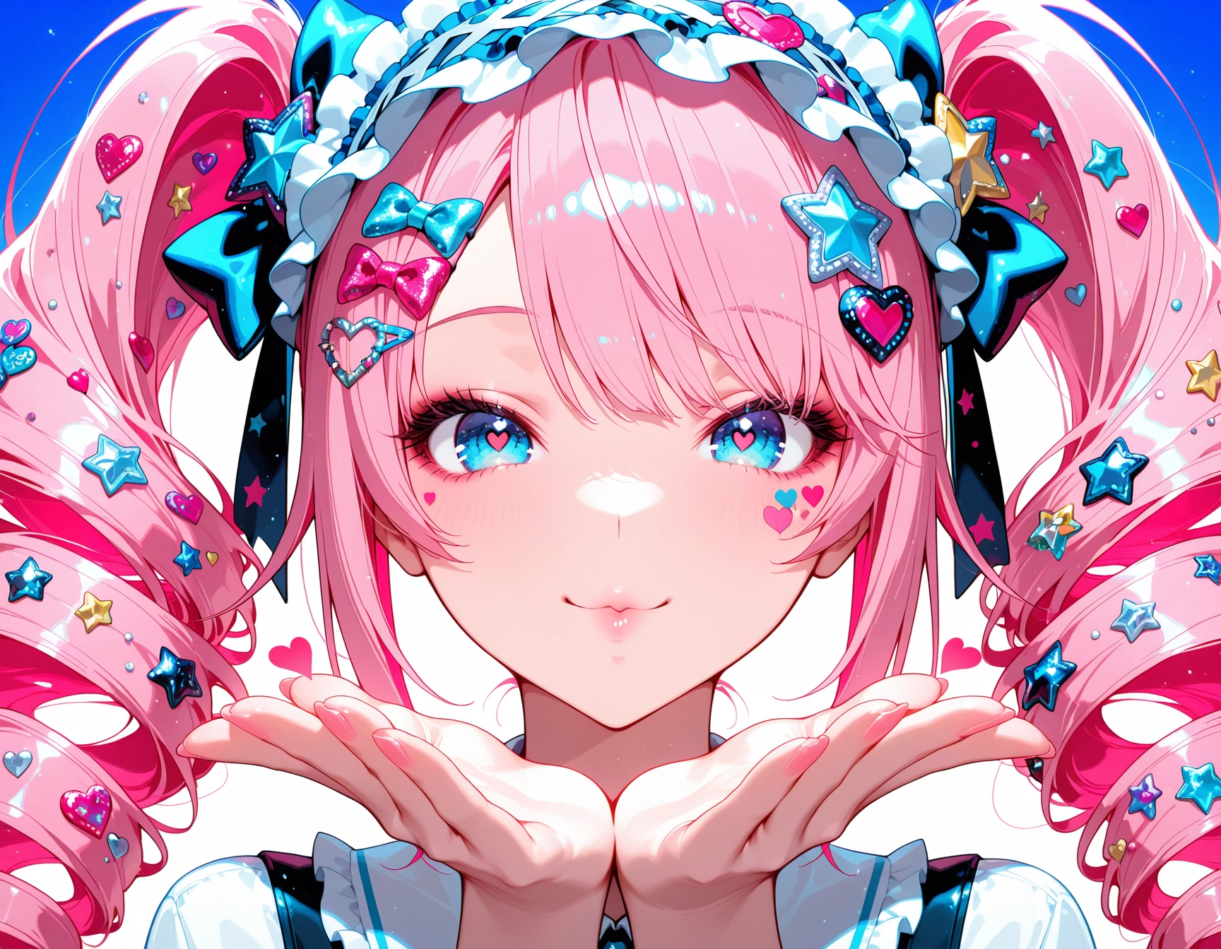 1girl, heart, solo, pink hair, blue eyes, twintails · Yamete.gg