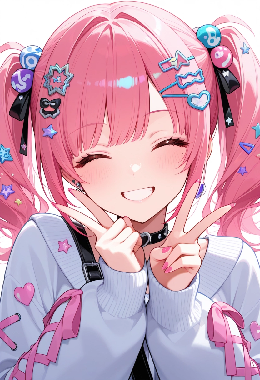 1girl, hair ornament, solo, smile, pink nails, closed eyes · Yamete.gg