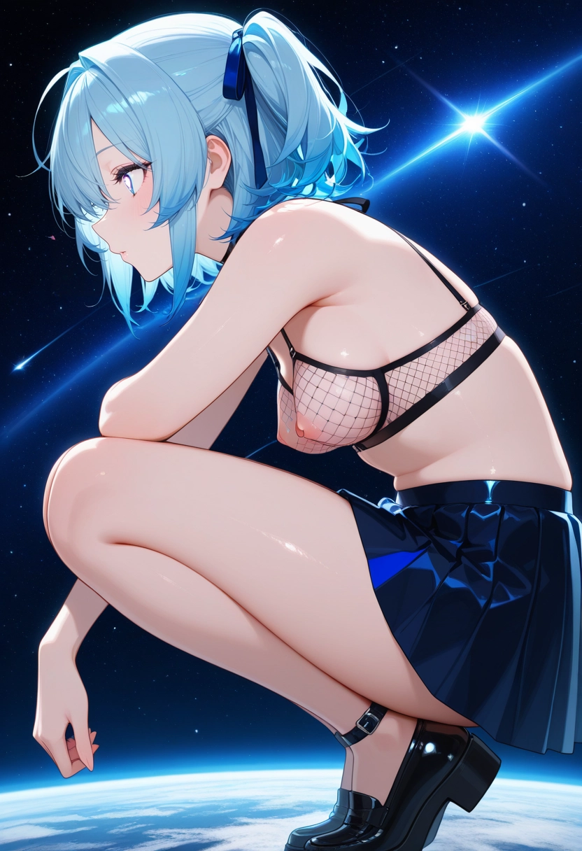 1girl, solo, skirt, breasts, nipples, from side · Yamete.gg