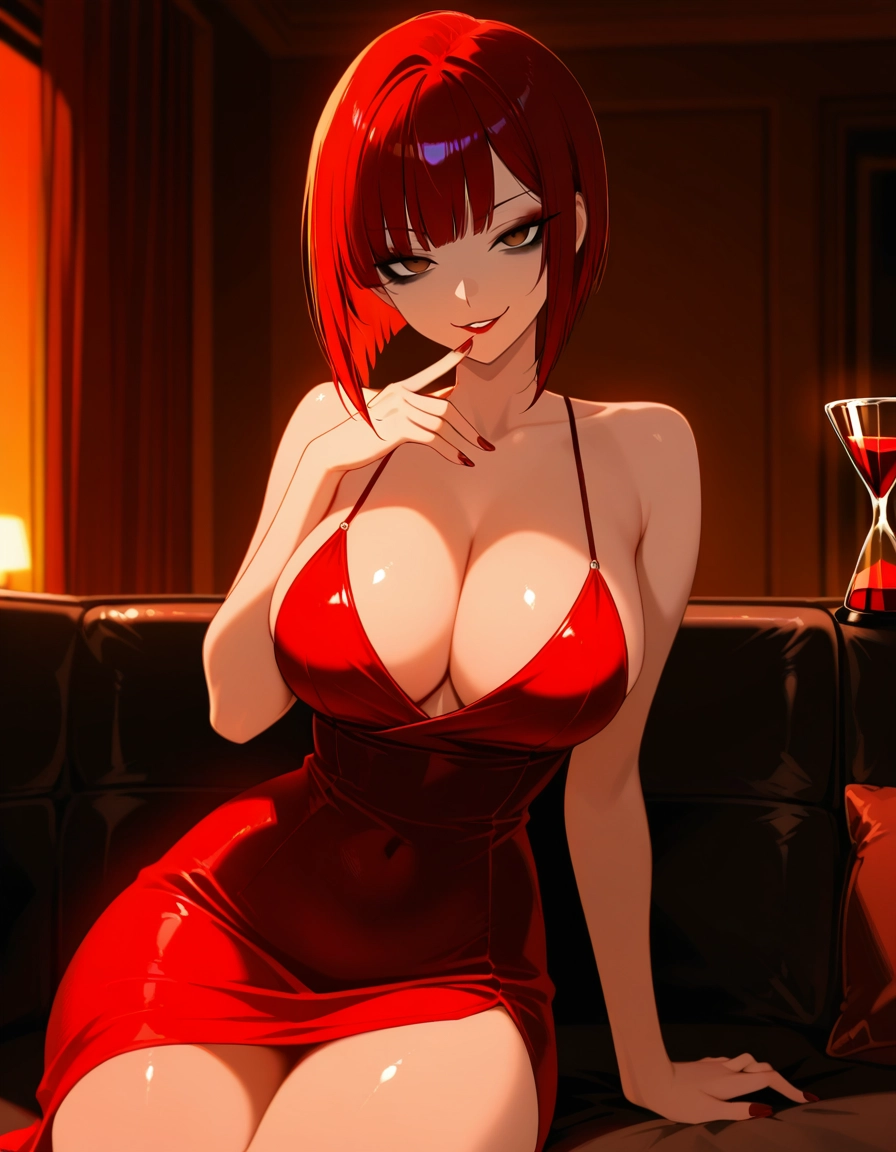 1girl, breasts, dress, red dress, red nails, solo · Yamete.gg
