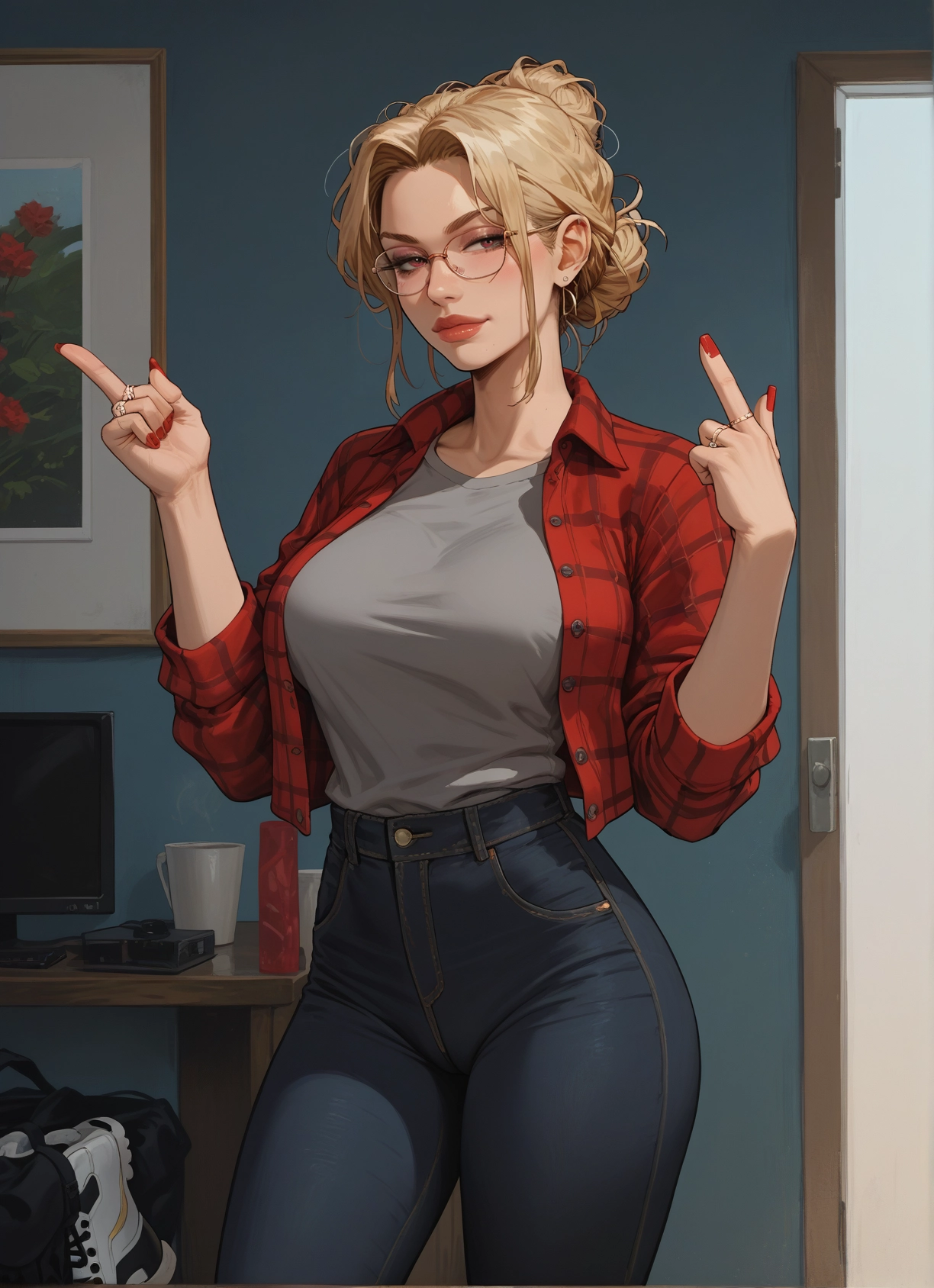 1girl, pants, jewelry, blonde hair, glasses, breasts · Yamete.gg