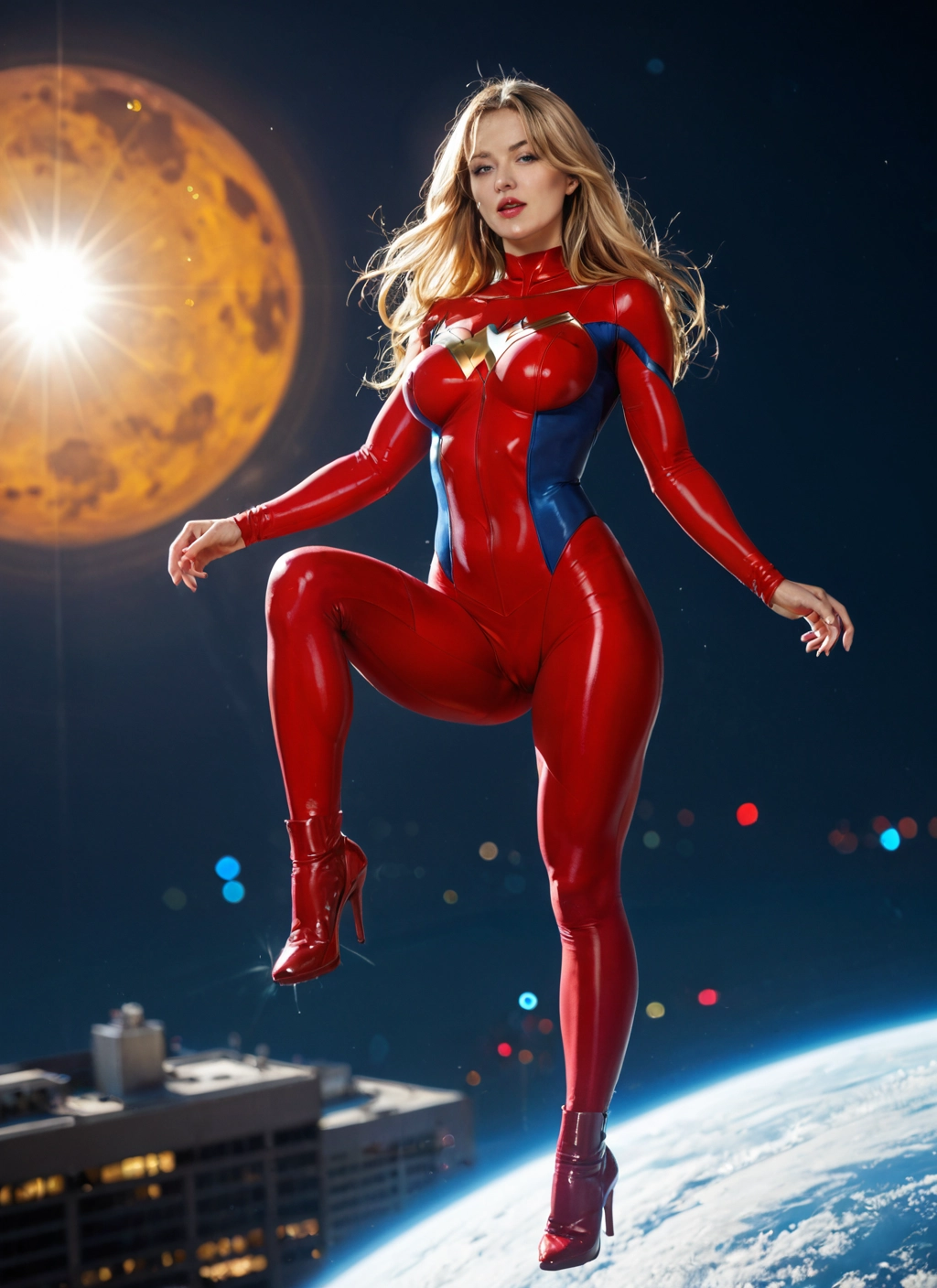 1girl, blonde hair, bodysuit, solo, high heels, breasts