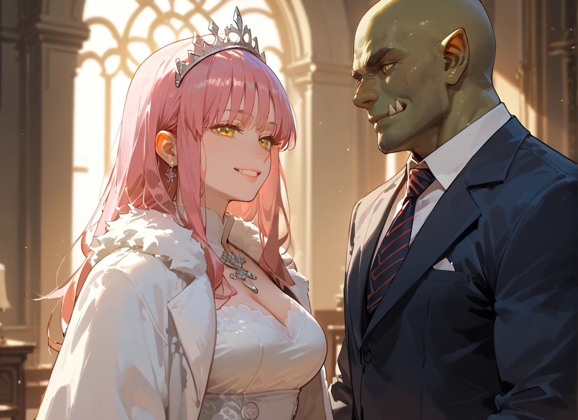 1girl, breasts, 1boy, pink hair, smile, jewelry · Yamete.gg