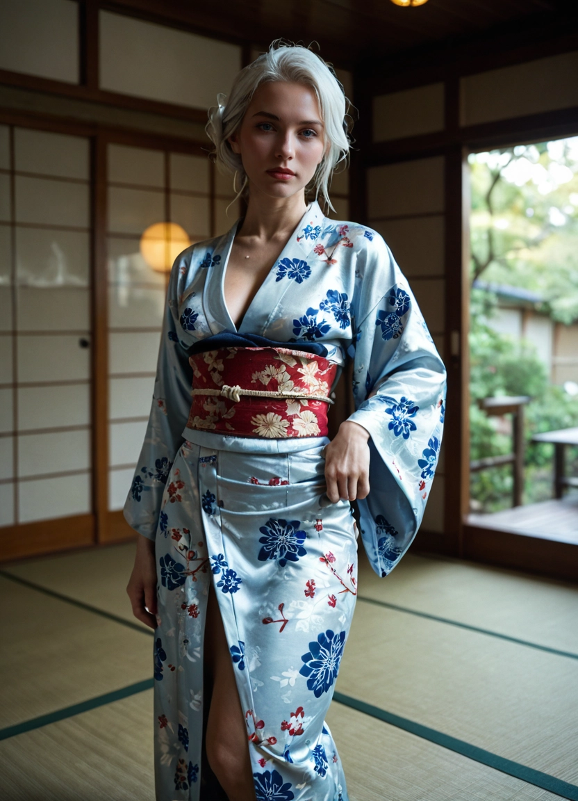 1girl, japanese clothes, solo, kimono, realistic, blue eyes · Yamete.gg