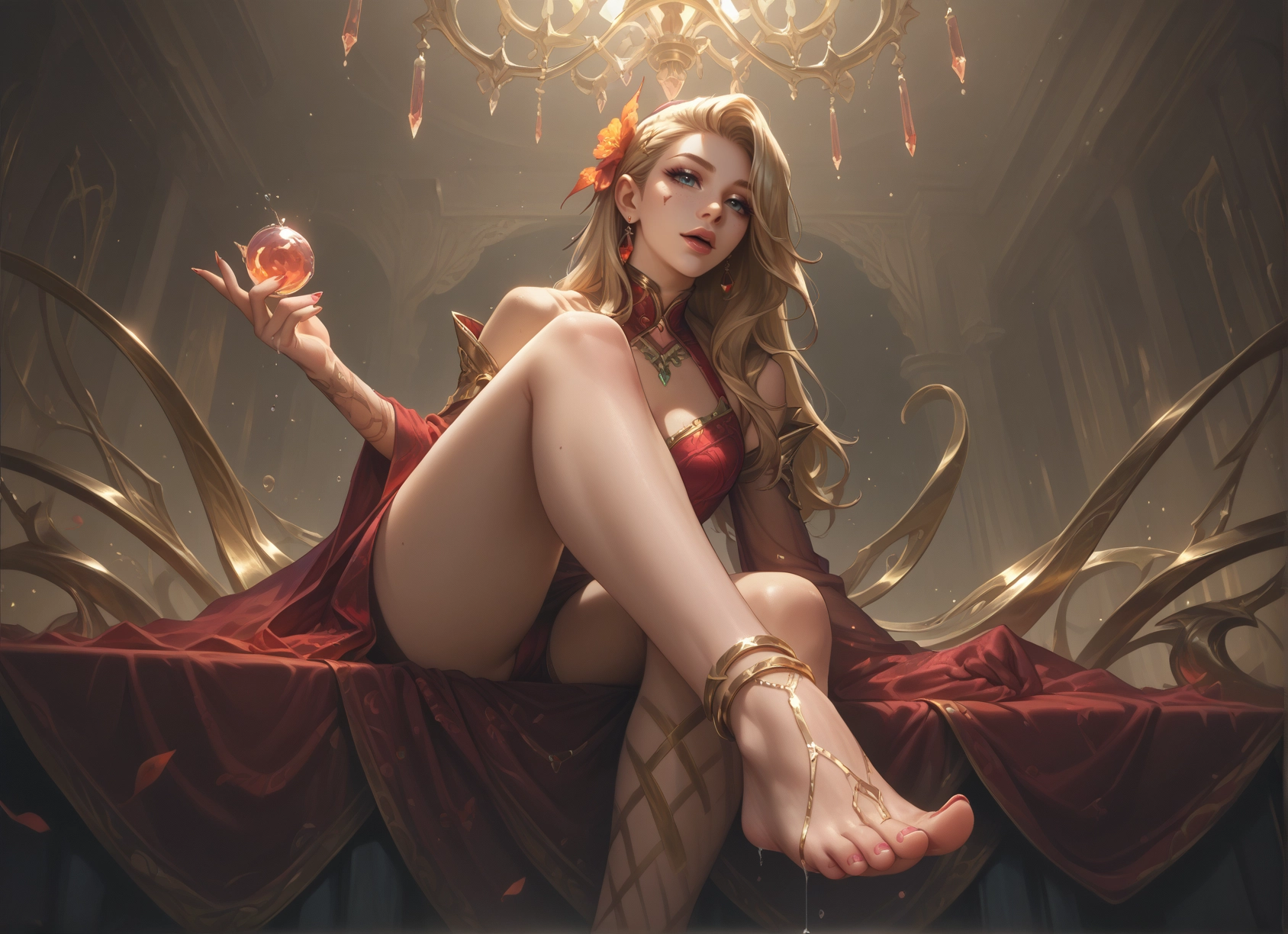 1girl, barefoot, blonde hair, jewelry, hair ornament, feet · Yamete.gg